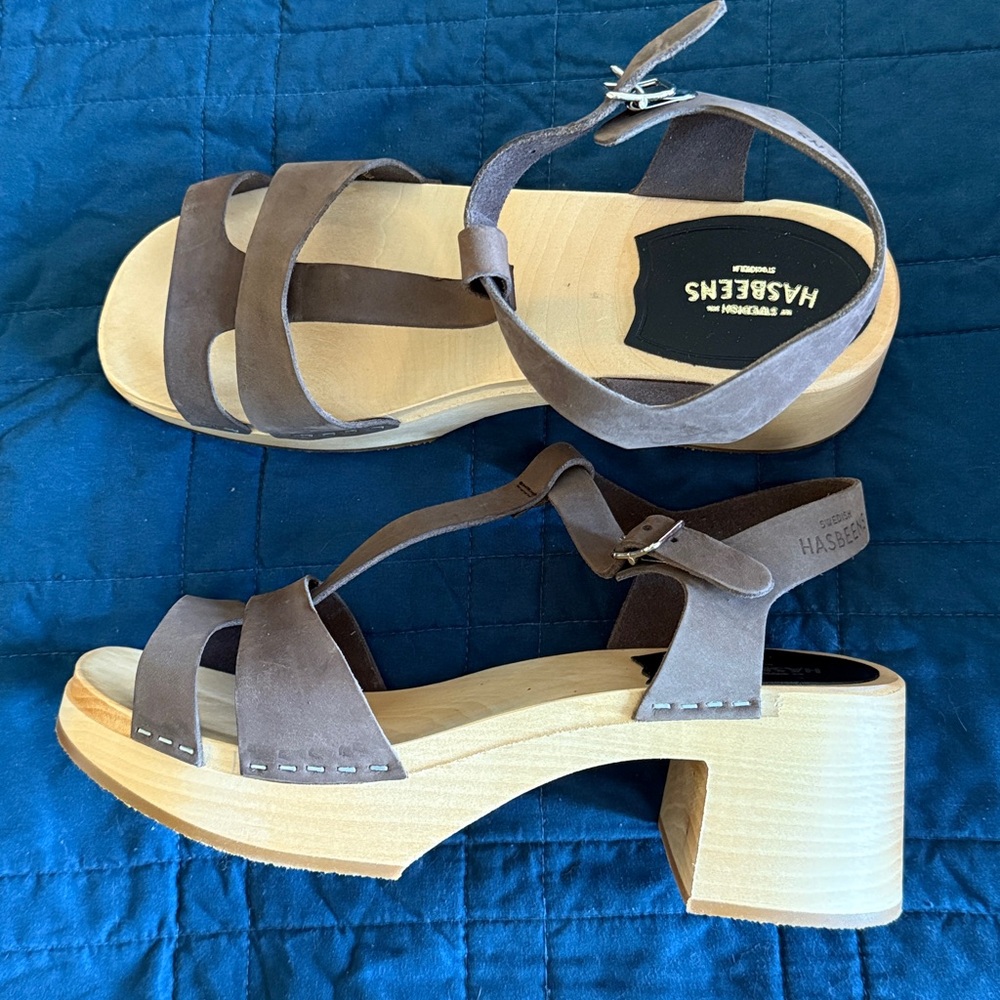 Swedish Hasbeens Birgit Brown Nubuck Sandal Clog with Platform Heel, US 9 EU 40